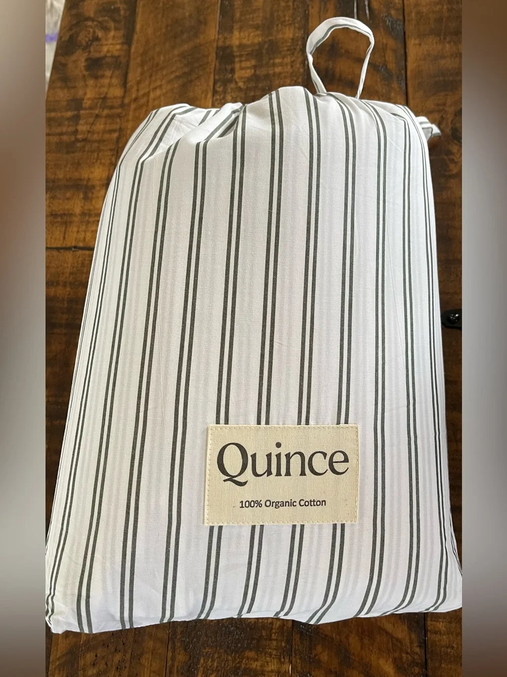NEW Quince 100% Organic Cotton 3 Piece Stripe Duvet Set, F/Q (Dusty Olive/White)